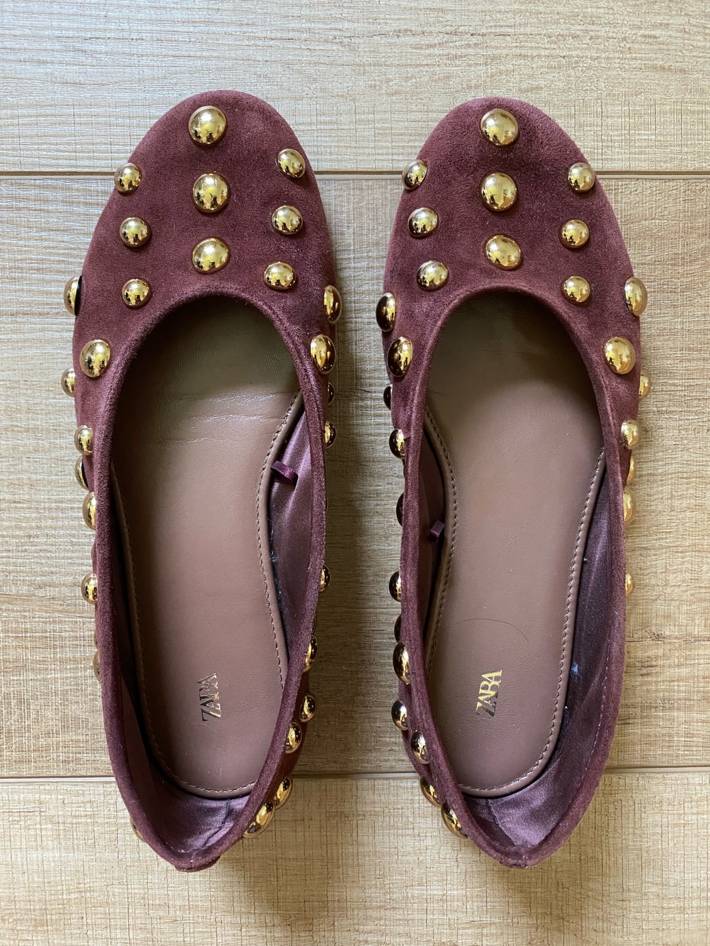 Zara Wine Red Suede-Look Studded Ballet Flats